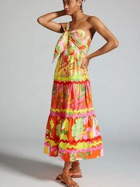 Farm Rio One Shoulder Tiered Cotton Colorful Dress size L